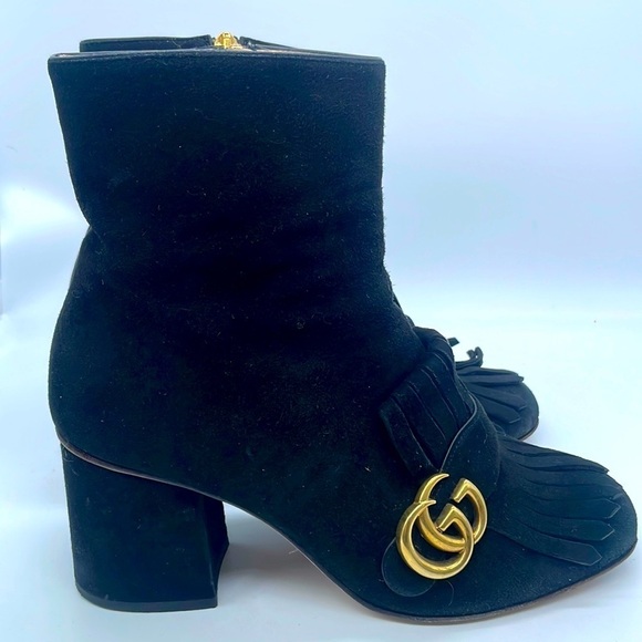 Gucci Black Suede leather Fringe trim GG marmont ankle boots 38 - Picture 1 of 11